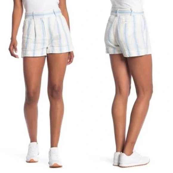 Frame Denim Fine Stripe Linen Shorts Off White Blue Sz 6